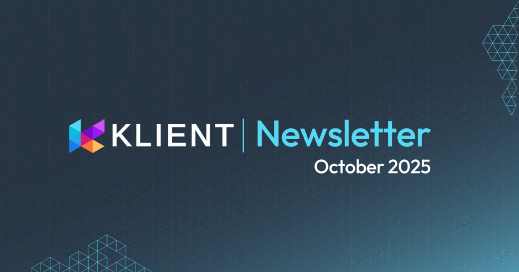 Klient Newsletter cover for October 2025 featuring PSA for Salesforce updates, with the Klient logo on a dark geometric background and bright blue text highlighting the word “Newsletter"