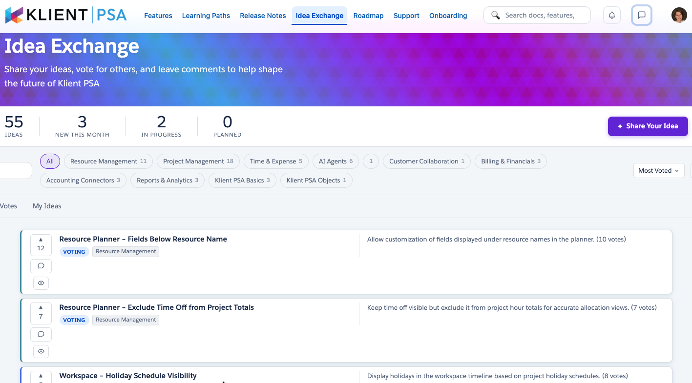 Klient Feature Hub Idea Exchange showing 54 customer ideas grouped by area, with vote counts, lifecycle status, and filters for AI Agents, Project Management, Resource Management, Billing and Financials, Time and Expense, Accounting Connectors, Reports and Analytics, and Klient PSA Objects and Basics.