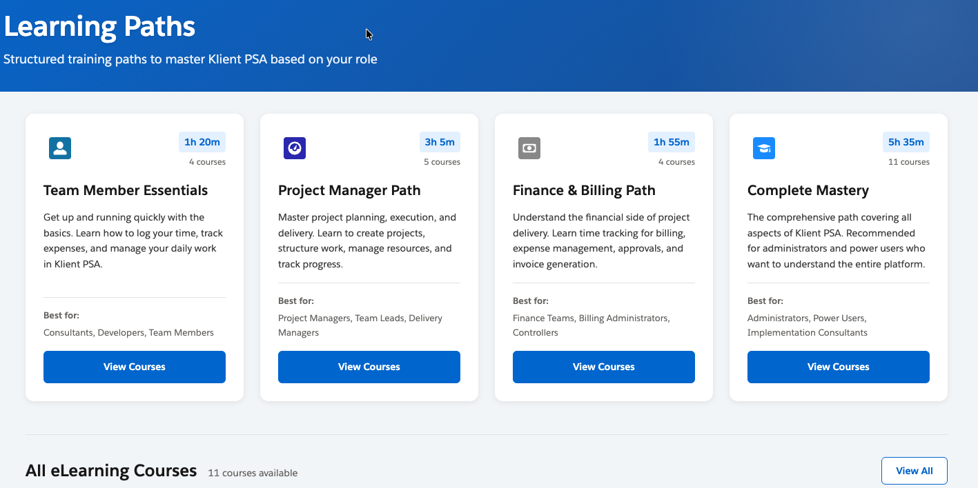 Klient Feature Hub Learning Paths tab showing four role-based training paths for Klient PSA: Team Member Essentials, Project Manager Path, Finance and Billing Path, and Complete Mastery, with course counts and total duration for each.