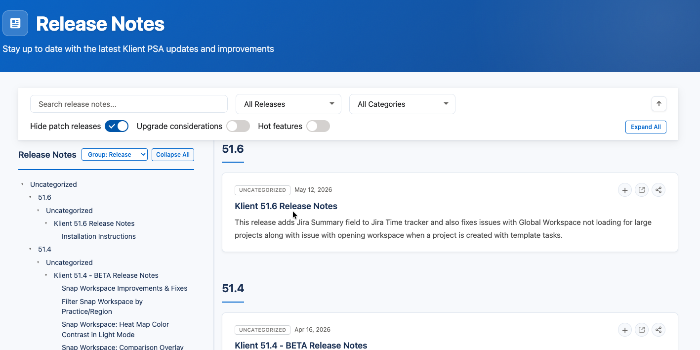 Klient Feature Hub Release Notes tab showing the changelog for each Klient PSA release, including what shipped, what was fixed, and what to test before deploying an update.