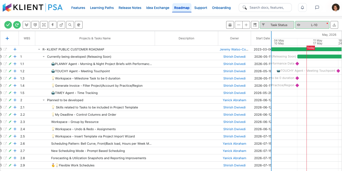 Klient Feature Hub Roadmap tab showing the public view of what Klient PSA is building next, grouped by release horizon including in development, planned, and beta.