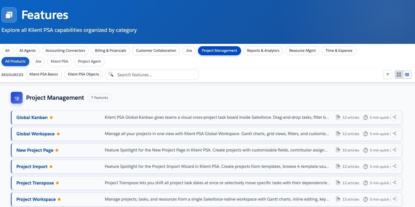 Klient Feature Hub Features tab in Salesforce Experience Cloud, showing a searchable catalog of Klient PSA capabilities organized by category including AI Agents, Accounting Connectors, Billing and Financials, Customer Collaboration, Jira, Project Management, Reports and Analytics, Resource Management, and Time and Expense.