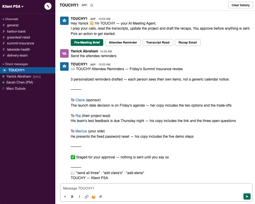 TOUCHY 1, the Klient PSA touchpoint agent, drafting personalized attendee reminders for a customer call — staged for human approval