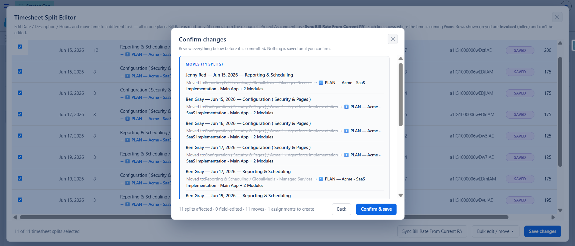Klient PSA Mass Timesheet Operations Confirm changes screen listing each timesheet split’s old-to-new move before commit, with a Confirm and save button