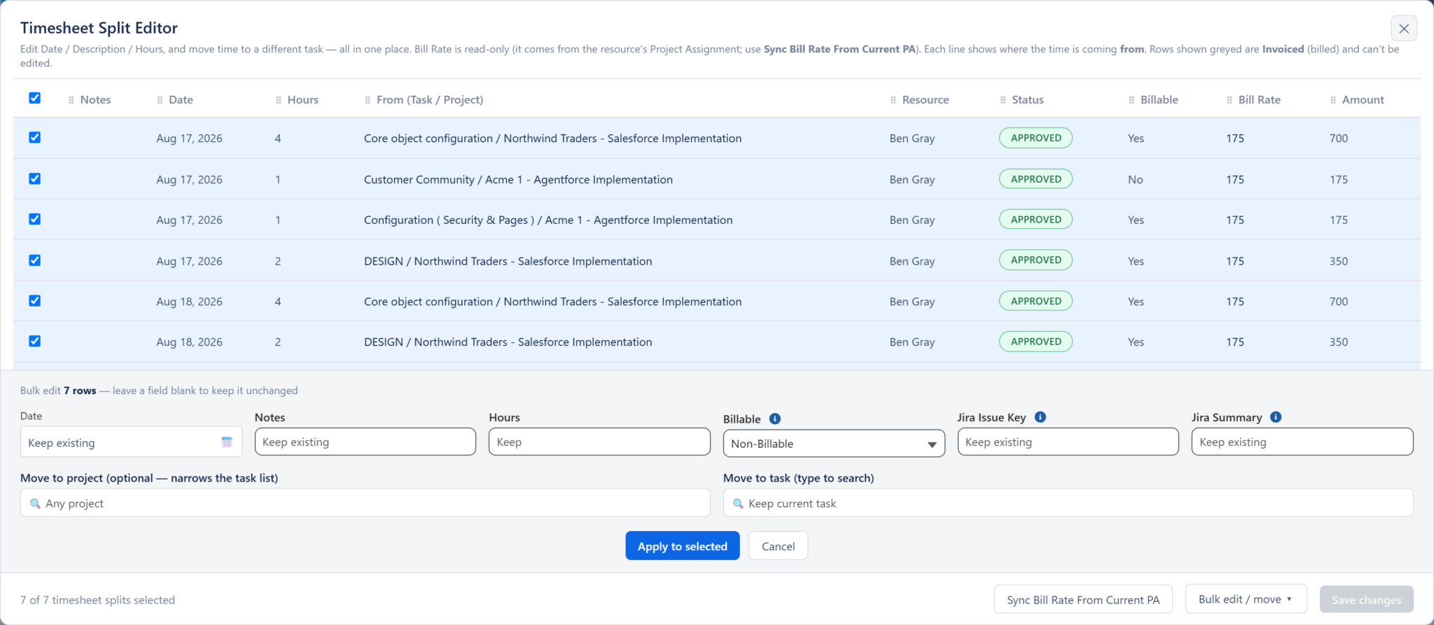 The bulk edit panel in the Timesheet Split Editor, headed Bulk edit 7 rows - leave a field blank to keep it unchanged, with Billable set to Non-Billable while Date, Notes and Hours read Keep existing.