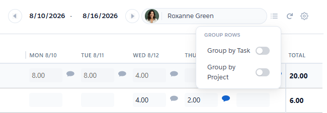 The Group Rows panel opened from the list icon beside the resource picker, offering Group by Task and Group by Project toggles, both currently switched off.