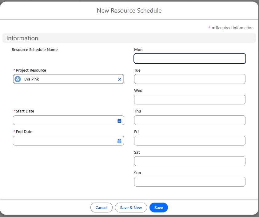 New Resource Schedule modal showing required Project Resource, Start Date and End Date fields plus Monday to Sunday hour fields
